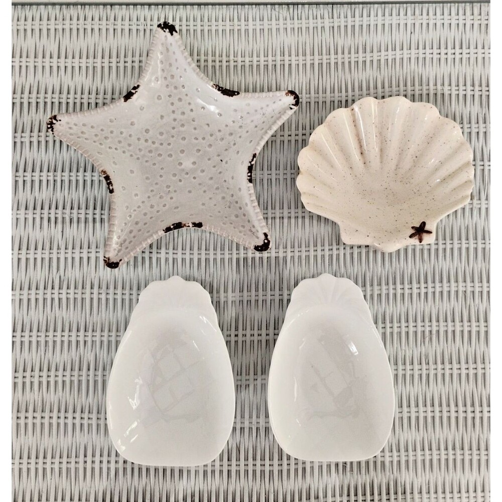 Vintage White Ceramic Coastal Lot Starfish Clam Shell Pineapple Dishes 4pc Set